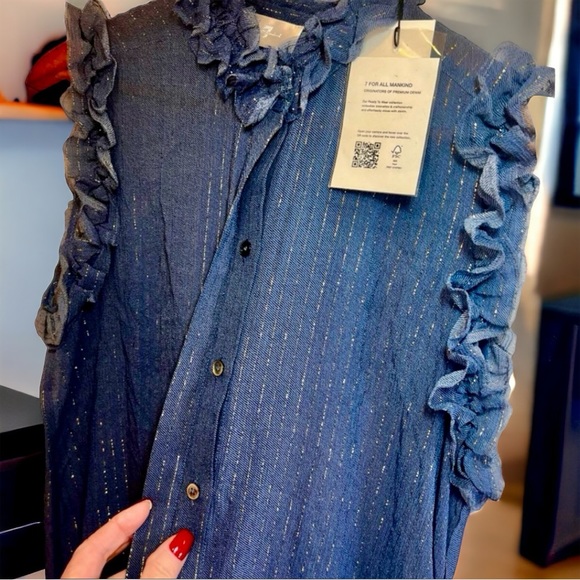 7 for All Mankind Sleeveless Ruffle Trim Shirt Denim and Gold Extra Small NWT - Picture 7 of 16